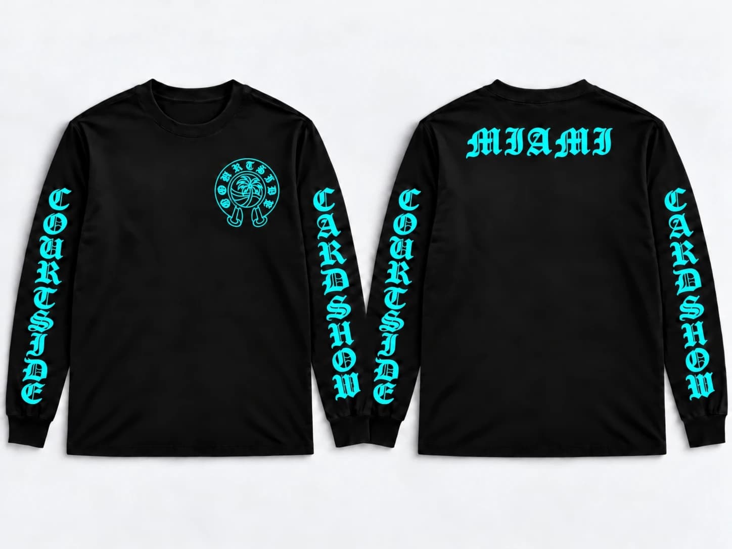 Black long sleeve tee, front and back, with aqua Old English COURTSIDE and CARDSHOW sleeve prints, chest crest and MIAMI across the back